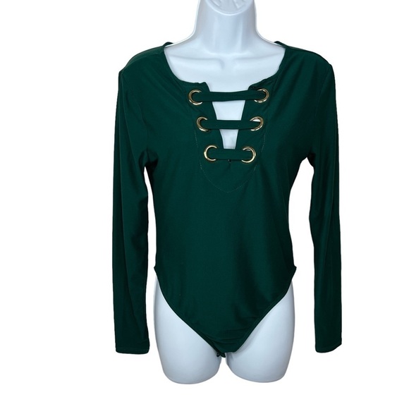 Green Gold Accent Bodysuit Long Sleeve Stretch V Neck Juniors Medium - Picture 1 of 8